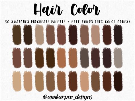 Hair Color Procreate Palette, 30 HEX Color Codes, Instant Digital ...