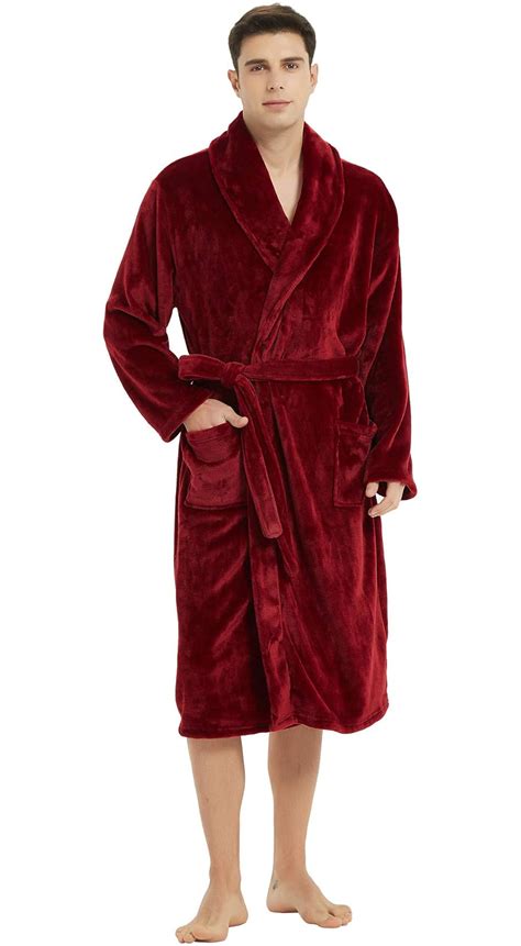 U2skiin Mens Plush Fleece Robe With Pockets Shawl Collar Bathrobe Clothing Dark Red S M