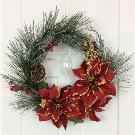 Red And Gold Poinsettia Christmas Wreath 24 Inch Door Decor Etsy