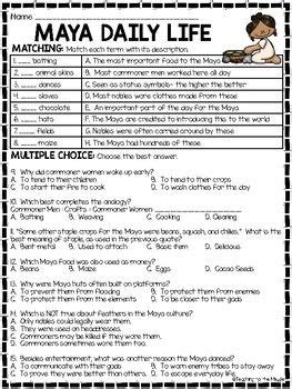 Maya Daily Life Informational Text Reading Comprehension Worksheet