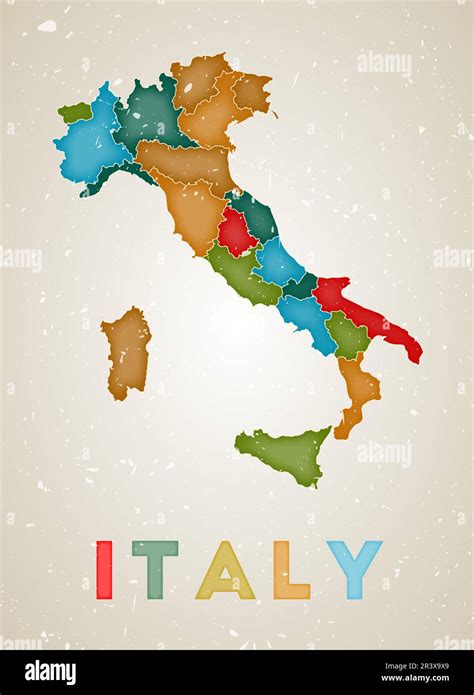 Italia mapa Cartel de país con regiones de colores Vieja textura