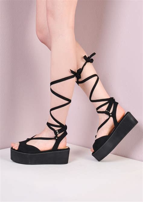 Platform Lace Up Wedge Flat Espadrille Sandals Suede Black