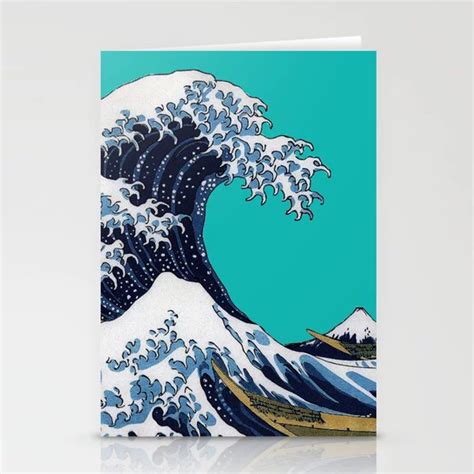 Hokusai“the Great Wave Off Kanagawa”green Cyan Background Stationery Cards By Dohshin