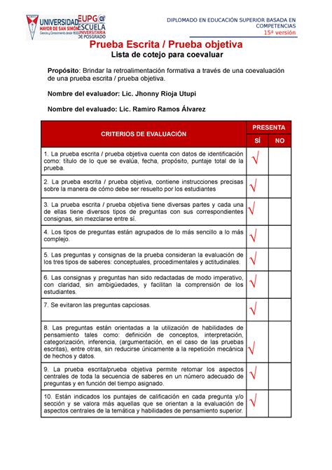 Jru Lista De Cotejo Para La Retroalimentaci N Formativa Pruebas