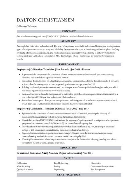 Calibration Technician Resume (CV) Example and Writing Guide