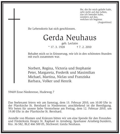 Traueranzeigen Von Gerda Neuhaus Trauer In NRW De