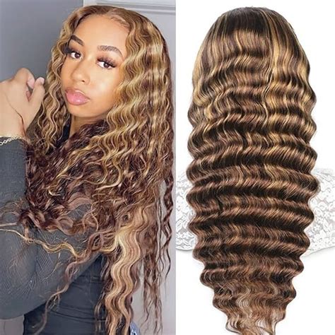 Amazon NKTU 4 27 Deep Wave Lace Front Wigs Human Hair Honey Blonde Highlight Ombre Wigs