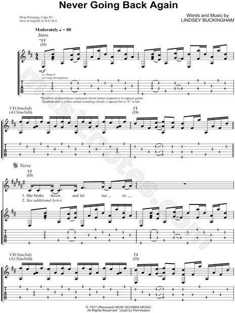 Fleetwood Mac Never Going Back Again Guitar Tab In F Major