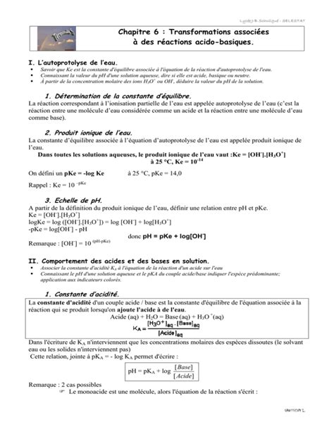 Chapitre 6 Transformations associées à des réactions acido