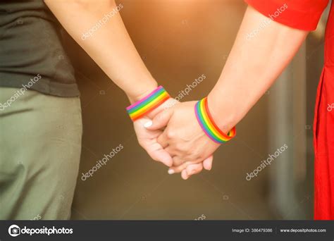 Hand Lgbt Women Holding Together Rainbow Ribbon Symbol Concept Lgbt