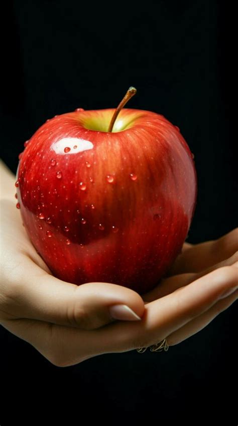 Detailed shot Womans hand grasping an apple, highlighting its vibrant presence Vertical Mobile ...