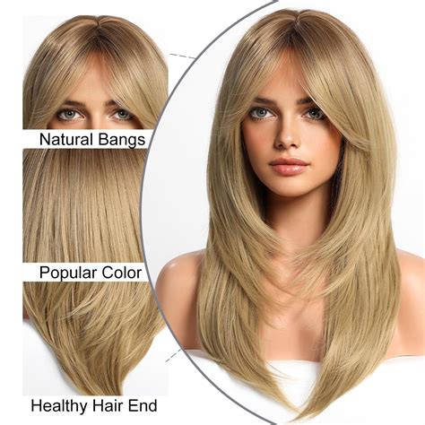 Haircube Blonde Wigs With Bangslong Layered Wig For Womenblonde Shoulder Length Synthetic Wigs