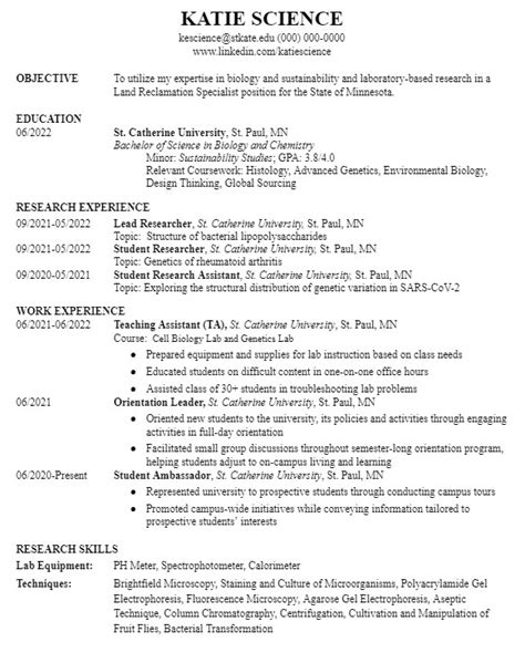 Science Resume Example – KatieCareer Virtual Career Center