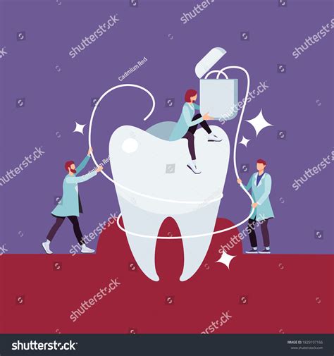 Flossing Teeth Flat Cartoon Illustration Stomatology Stock Vector