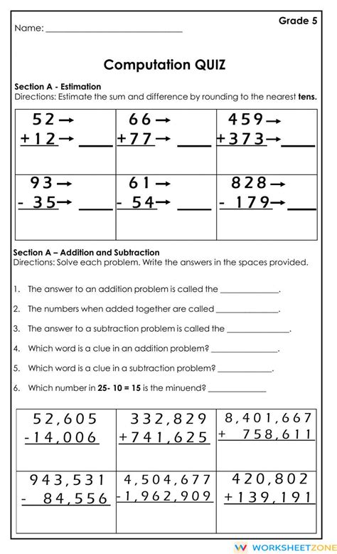 Computation Quiz Worksheet Zone