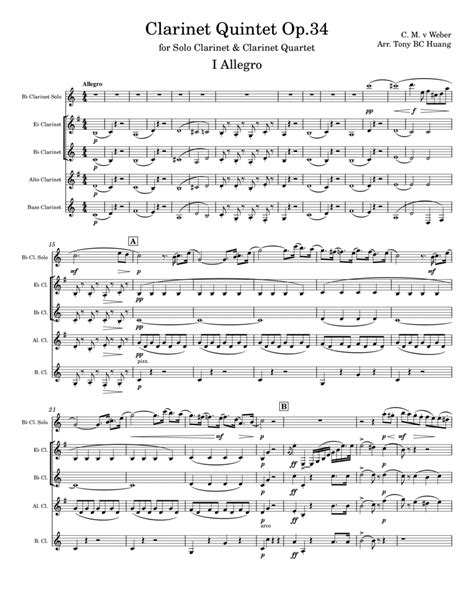 Weber Clarinet Quintet Op34 For Solo Clarinet And Clarinet Quartet Arr Tony Bc Huang By Carl