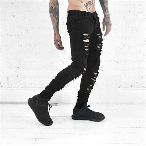 New Fashion Men Black White Skinny Slim Fit Jeans Distressed Ripped Destroyed Holes Denim Pants