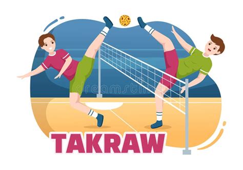 Sepak Takraw Illustration With Athlete Playing Kick Ball On Court In