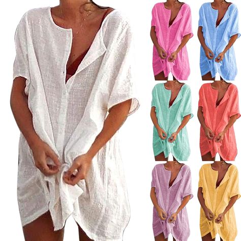 Women S Short Sleeve Beach Cover Up Summer Swimsuit Bikini Pool Blouse