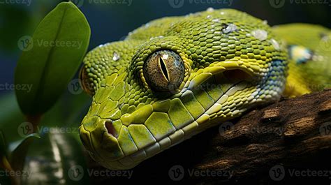 Close-up photo of a Green Tree Python looking in their habitat ...