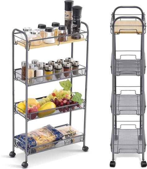 Amazon Kingrack Tier Slim Rolling Cart With Wooden Tabletop