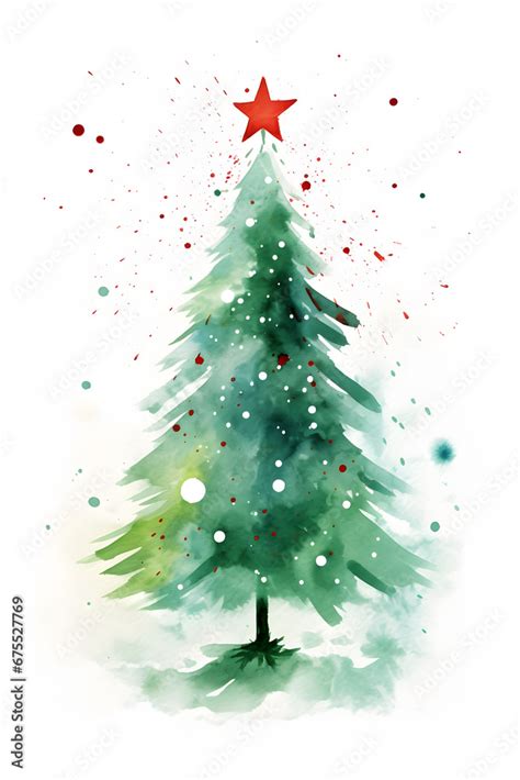 Watercolor style drawing of Christmas tree with star shaped tree topper on white background ...