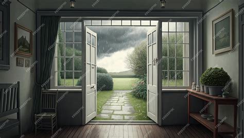 Premium Photo | Painting of a room with door open to garden generative ai