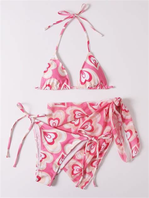 Pack Heart Print Triangle Bikini Swimsuit Beach Skirt Shein Usa