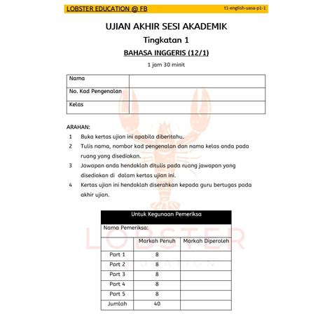 Kssm Tingkatan 1 Uasa Ujian Akhir Sesi Akademik Bahasa Inggeris Uasa English Kertas