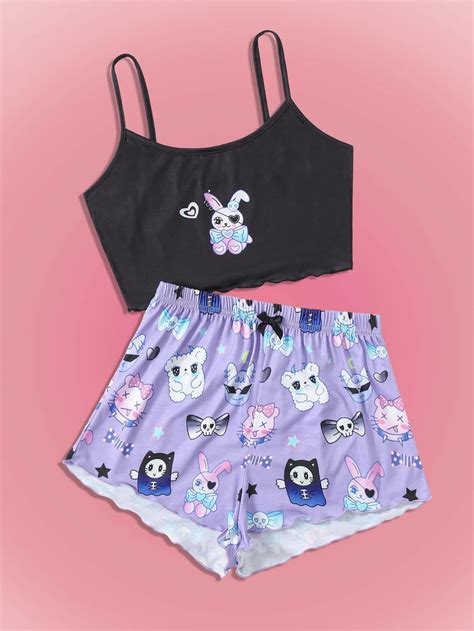 Anime Conjunto De Pijama De Cráneo Con Estampado De Dibujos Animados Ribete En Forma De Lechuga