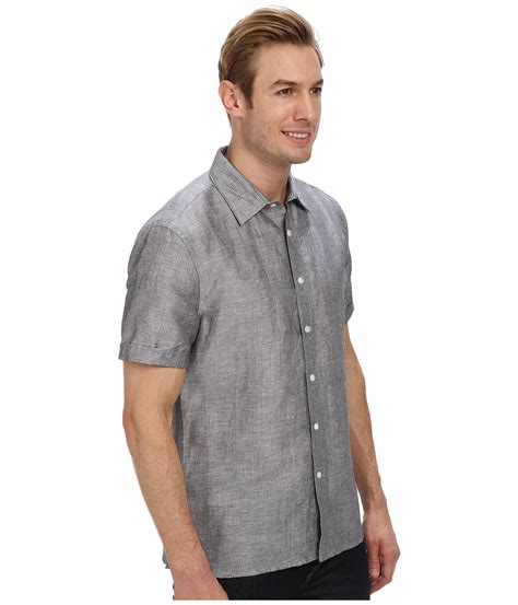 Lyst Perry Ellis Short Sleeve Linen Stripe Shirt In Gray For Men