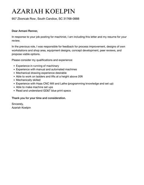 Machinist Cover Letter Velvet Jobs