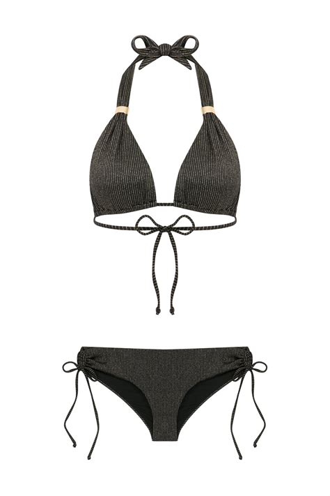 Uzun Gen Gold Simli Siyah Bikini Tak M