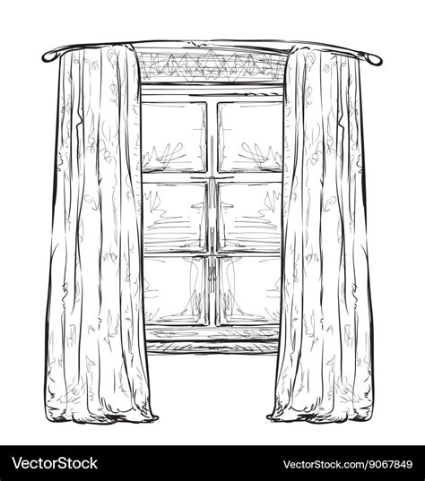 Hand drawn hurtains windows sketch Royalty Free Vector Image