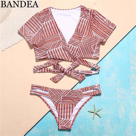 Bandea Sexy Women Striped Bikini Set Sport Short Sleeves Swimsuit