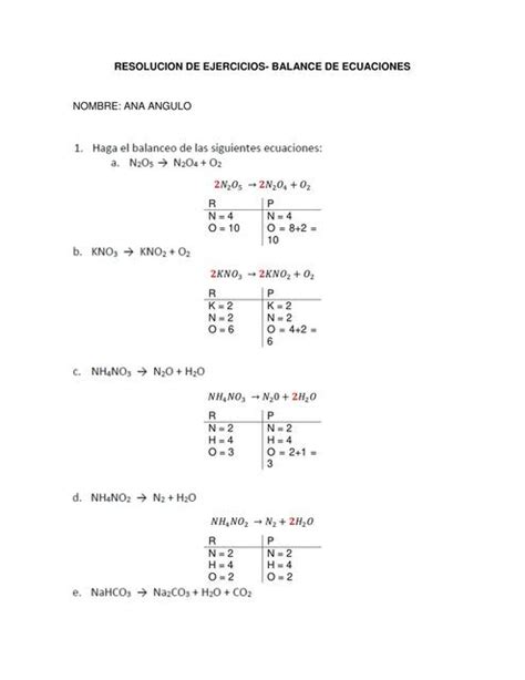 Balance De Ecuaciones Resoluci N De Ejercicios Ana Angulo Udocz