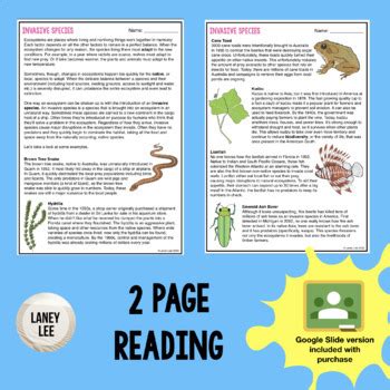 Invasive Species Reading Comprehension Worksheets By Laney Lee