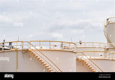 Closeup Fuel Storage Tank In Petroleum Refinery White Big Tank Of Oil