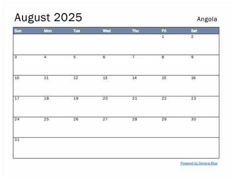 Free Monthly Calendar Template for August 2025 with Angola Holidays