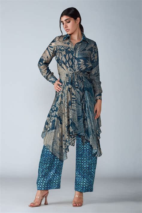 Buy Blue Cotton Silk Printed Abstract Bird Pattern Collared Neck Kurta