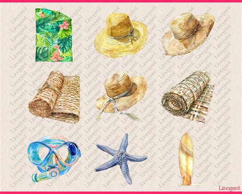 Watercolor Beach Objects Clipart Bundle Summer Png Clip Art Set