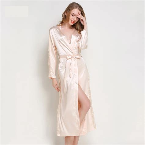 Long Robe Sexy Silk Satin Bathrobe Lace Sleepwear Nightwear Shopee