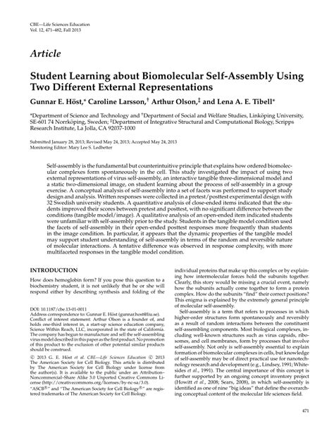 PDF Student Learning About Biomolecular Self Assembly Using Two