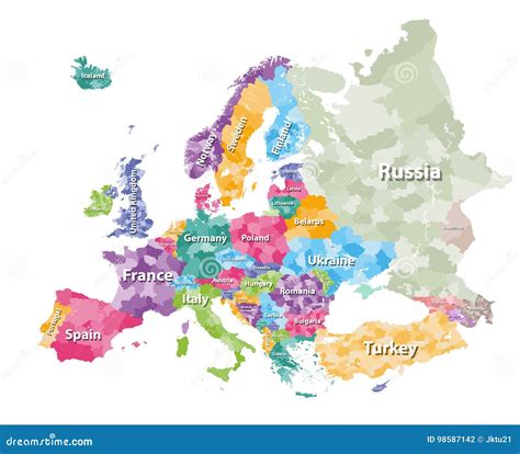 Colored Political Map Of Europe With Countries` Regions Vector