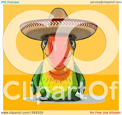 Clipart Of A Cartoon Mexican Green Parrot On A Yellow And Orange