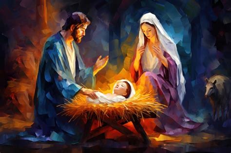 Premium Photo | A Painting of a Manger Scene With Baby Jesus in the Manger