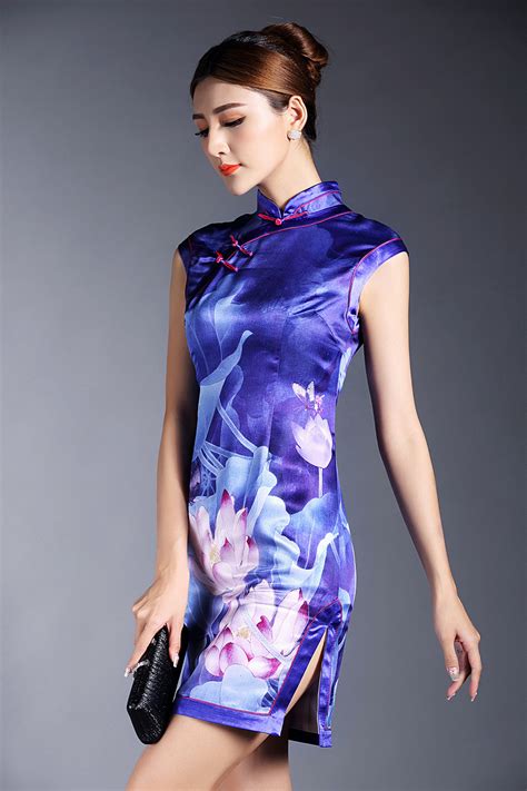 Incredible Lotus Print Silk Qipao Cheongsam Dress Qipao Cheongsam