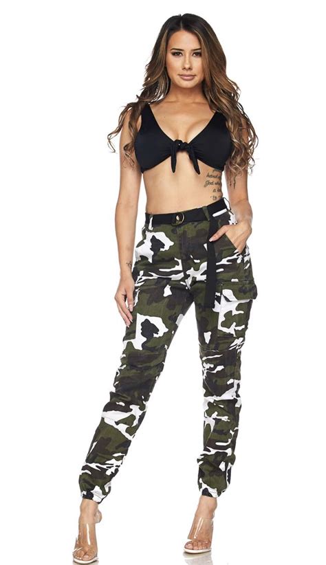 Belted Camouflage Cargo Jogger Pants Olive White Plus Sizes Availab