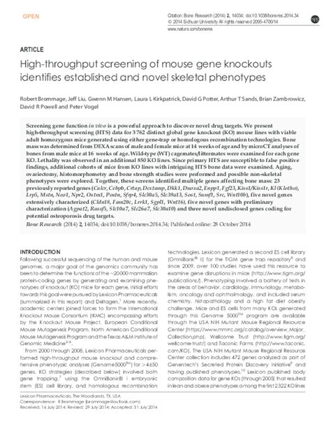 Pdf High Throughput Screening Of Mouse Gene Knockouts Identifies