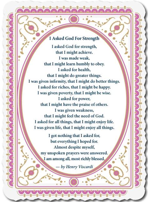 A Poem Written In Pink And Gold With The Words I Asked God For Strength